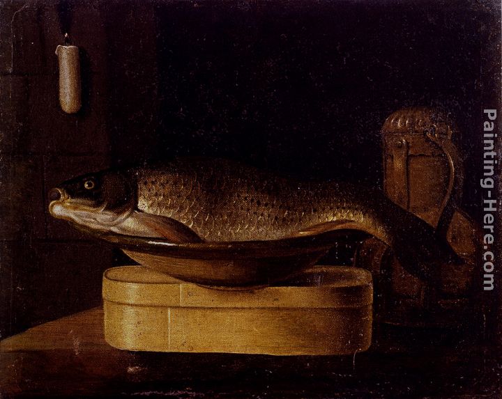 Still Life Of A Carp In A Bowl Placed On A Wooden Box, All Resting On A Table painting - Sebastien Stoskopff Still Life Of A Carp In A Bowl Placed On A Wooden Box, All Resting On A Table art painting
